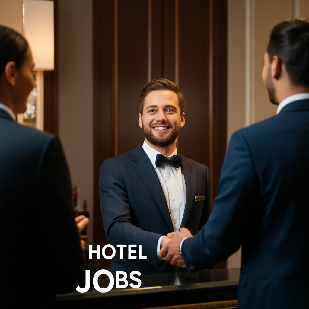 ホテルのフロントデスクで笑顔で握手をする男性と二人の客。