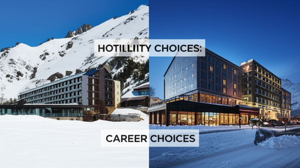 雪に覆われた山の近くにある2つの異なるホテルの画像。